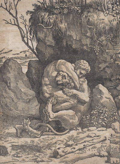 ヘラクレスとネメアのライオン」 1517-18年頃 作： Ugo da Carpi