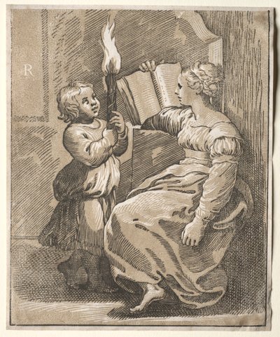 聖火を握っている子供と一緒のシビル読書、1518-27。 作： Ugo da Carpi