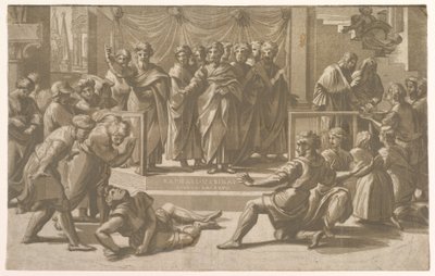 1518年、使徒たちに囲まれたアナニアの死。 作： Ugo da Carpi
