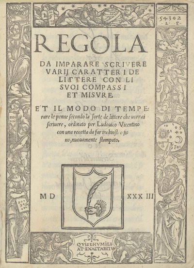 コンパスとメジャーを使って文字の書き方を覚えるルールとペンの研ぎ方… 作： Ugo da Carpi, Ludovico Arrighi