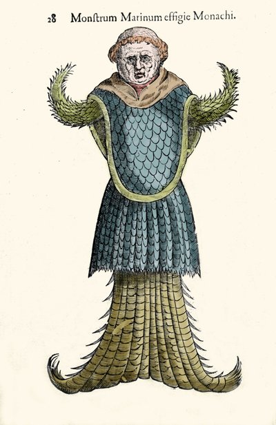 ウリッセ・アルドロヴァンディ（1522-1605）の「海の僧侶、空想の魚、海の怪物」、「Monstrorum Historiae」、ボローニャ 1642年 作： Ulisse Aldrovandi