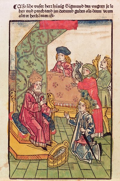 ルクセンブルグのジギスムント皇帝（1367-1437）が彼のハンガリーの主題1483（色の木版画）のオマージュを受け取る（316982も参照） 作： Ulrich von Richental