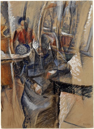 二人の女性像のある室内 par Boccioni, Umberto (1882-1916).紙に水彩とテンペラ、サイズ：65,4x47,5 作： Umberto Boccioni
