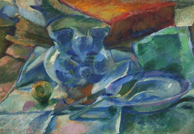 陶器、カトラリー、果物の静物、1915 作： Umberto Boccioni