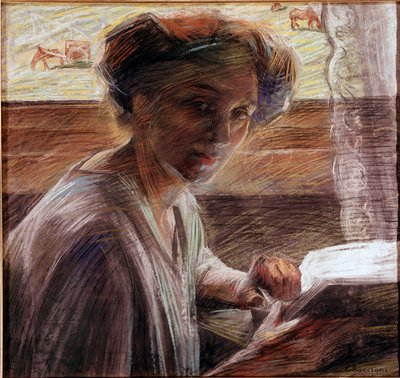 読書する画家の妹の肖像 ウンベルト・ボッチョーニ（1882-1916）のパステル画 1908年 Sun.54x58 cm ヴェネツィア、ガレリア・ダルテ・モデルナ 作： Umberto Boccioni