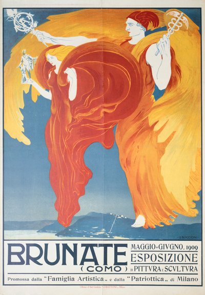 ウンベルト・ボッチョーニ（1882-1916）によるブルナーテでの絵画と彫刻の展覧会のポスター、クロモリトグラフ、70x50cm 作： Umberto Boccioni