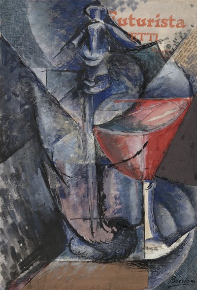 静物：ガラスとサイフォン、1914年頃（コラージュ、ガッシュ、ペンとインク） 作： Umberto Boccioni