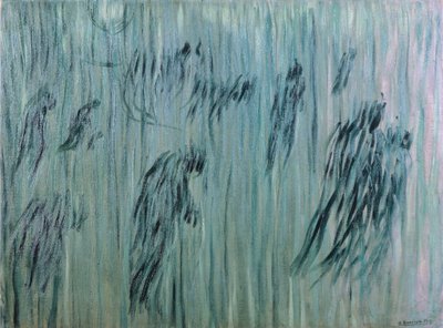 ウンベルト・ボッチョーニ（1882-1916）の《留まる者》は、油彩・キャンバス、71x96cm。 作： Umberto Boccioni