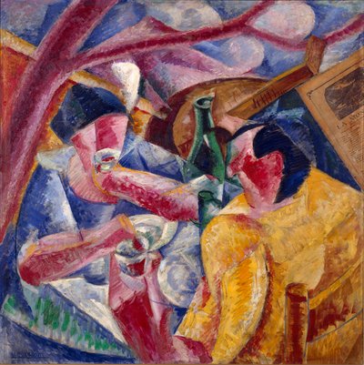 パーゴラの下で、ナポリ ウンベルト・ボッチョーニ（1882-1916）の絵画 1914年。キャンバスに油彩とコラージュ。薄暗い。83x83 cm ミラノ、ノヴェチェント美術館 作： Umberto Boccioni