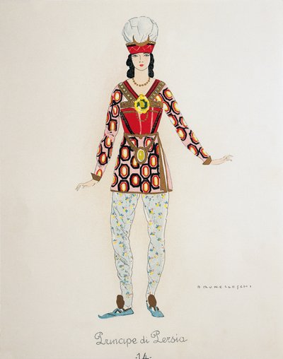 ジャコモ・プッチーニ作「トゥーランドット」のペルシャ王子の衣装、ウンベルト・ブルネレスキ（1879-1949）によるスケッチ、ミラノのスカラ座でのオペラの初演、4月25日 作： Umberto Brunelleschi