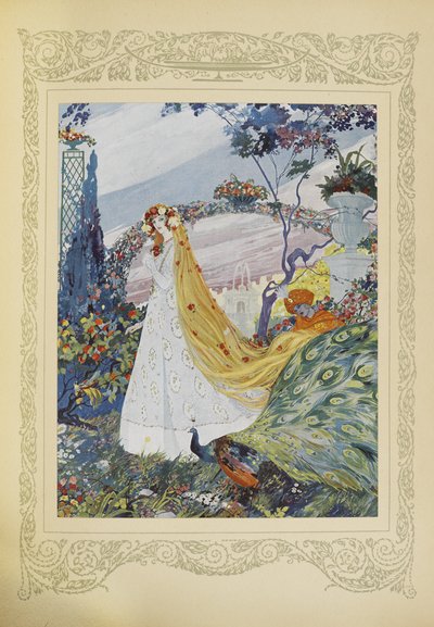 彼女はいつも頭に花の冠をかぶせて巻き毛を覆っていた、「Contes du Temps Jadis」または「Tales from Times Past」のイラスト、p.10 作： Umberto Brunelleschi