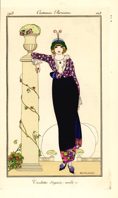 柱にもたれる午後の装いの女性 作： Umberto Brunelleschi