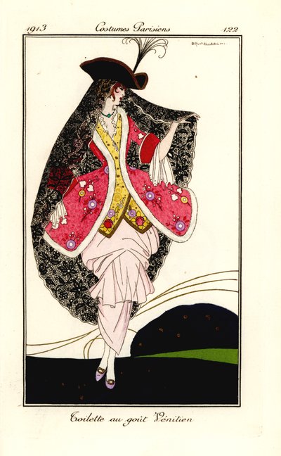 ベネチアン テイストのファッショナブルな服装の女性 作： Umberto Brunelleschi