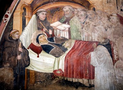 ヌルシーの聖ベネディクトの妹、聖スコラスティクス（v.480- v.543）の死 彼女はベネディクト会の修道士に囲まれている。15世紀のウンブリア派のフレスコ画。イタリア、スビアコ（ローマ）、聖ベネデット修道院（サクロ・スペコ 作： Umbrian School