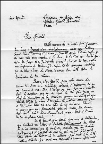 16534n Rene Depestreからの手紙 a page 1 about his book journal d un revolutionaire 2014? 作： Unbekannt