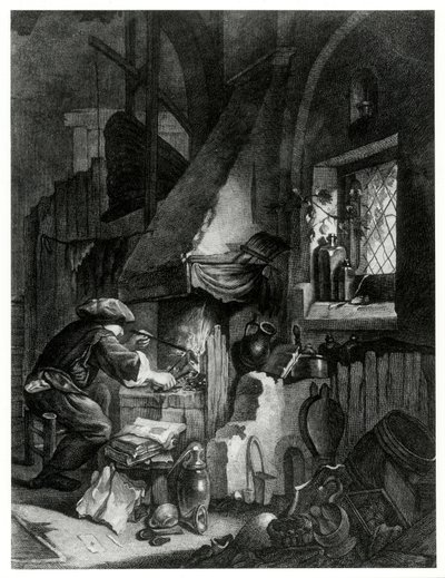 錬金術と初期化学 「Le chimiste en operation」 錬金術師が仕事をしている様子を描いた版画 作： Unbekannt