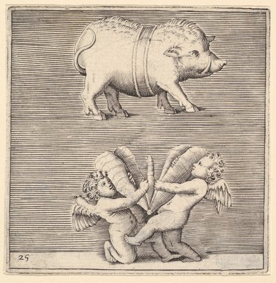 ベルト付き豚と蝶または蛾の2つのキューピッドまたは天才、ca。 1599-1622。 作： Unbekannt