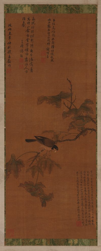 葉の多い枝にとまる鳥、明代、16～17世紀。 作： Unbekannt