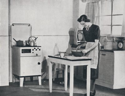 キャビネットガスクッカーを備えたイギリスのキッチン、1942年。 作： Unbekannt
