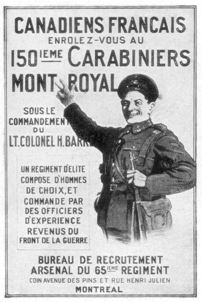 1914年のフランス系カナダ人軍の募集ポスター 作： Unbekannt