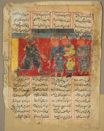 3人の男性を受け入れる王、1450年から1500年のアミール・クスラウ・ディフラビのカムサのページ。 作： Unbekannt