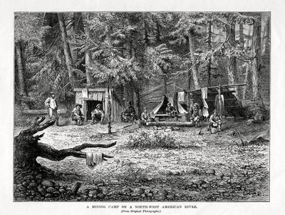 北西アメリカ川の採掘キャンプ、1877年 作： Unbekannt