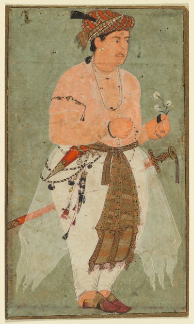 ムガール王子、おそらくダニャール、花の小枝を持ってc。 1580-1590。 作： Unbekannt