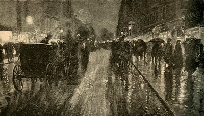 雨の夜。 -電気、1882年によって照らされた通り。 作： Unbekannt