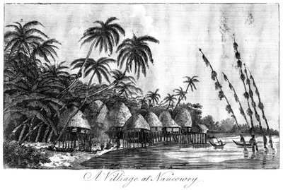 1799年、ニコバル諸島のナンコウリーにある村 作： Unbekannt