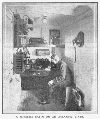 アトランティックライナーのワイヤレスキャビン、1912年4月20日。 作： Unbekannt