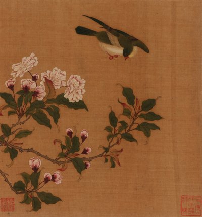 開花した枝の上に浮かぶ鳥、清王朝、18世紀。 作： Unbekannt