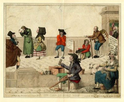 1813年頃、足の不自由な乞食と露天商がいるパリのポン・ヌフの一角。 作： Unbekannt