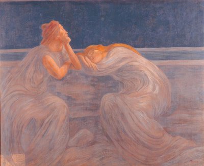 青と灰色のガウンを着た女性のカップルが手すりに寄りかかってベンチに座って夜寝る 作： Unbekannt