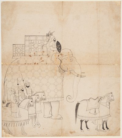 Caparisoned Elephant and Horsesの図面、c。 1760。 作： Unbekannt