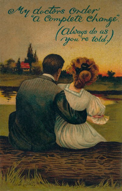 求愛カップルを描いたユーモラスなポストカード、1908 作： Unbekannt