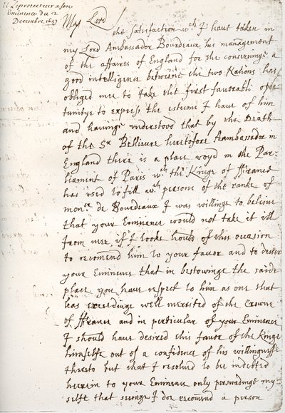 1657年12月4日、1899年12月4日、オリバー・クロムウェルからマザリン枢機卿への手紙 作： Unbekannt