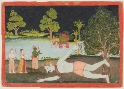 ラーマーヤナのページ：殺害された巨人の前のラマ、ラクシュマン、シータ、c。 1770。 作： Unbekannt