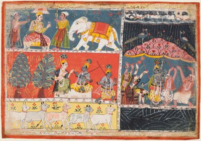 バガヴァタプラーナのページ：インドラが急流の雨を送り、クリシュナは山を持ち上げます。 Govardhana、1686。 作： Unbekannt