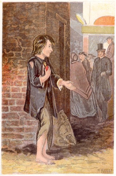 貧しい少年、靴を脱いでボロボロになり、街角で物乞いをする、c1880 作： Unbekannt