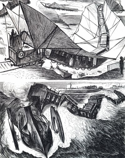 雪で線路が切れた列車 作： Unbekannt