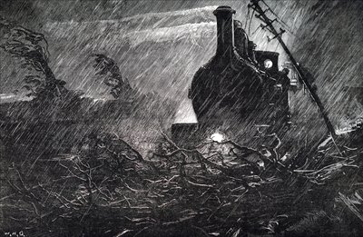 線路上の瓦礫で止まってしまった列車。 作： Unbekannt