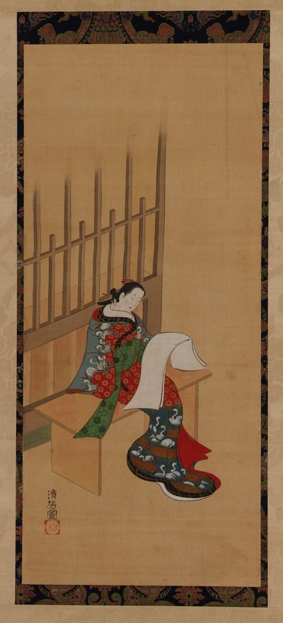 売春宿の外に座って白紙を見ている遊女、18～19世紀。 作： Unbekannt