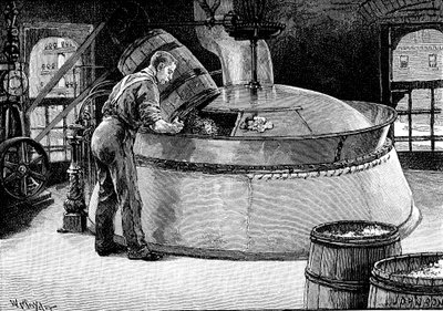 1885年、アメリカの醸造所で沸騰したビールにホップを追加する 作： Unbekannt