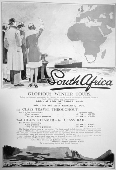 南アフリカの冬のツアーの広告、1928 作： Unbekannt