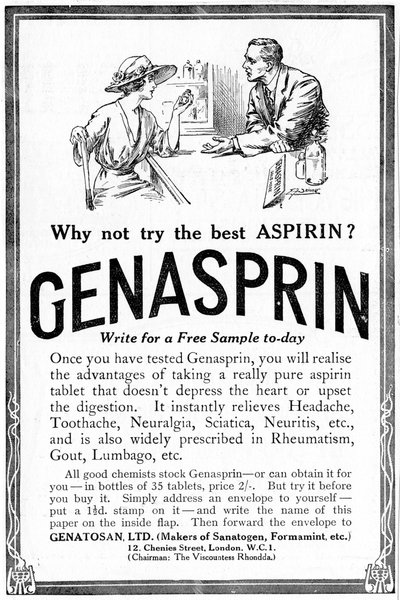 薬アスピリンの専有ブランドであるジェナスプリンの広告。 1919 作： Unbekannt