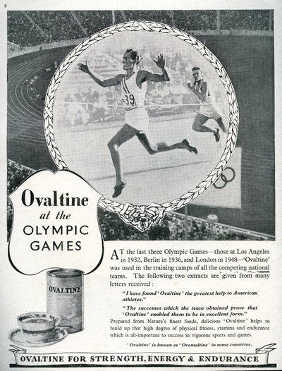 1948年ロンドンオリンピックでの「Ovaltine」の広告（リトグラフ 作： Unbekannt