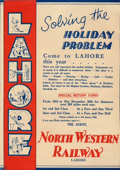 1936年、ラホールへの旅行を促進するノースウエスタン鉄道の広告。 作： Unbekannt