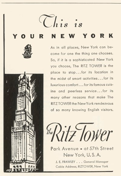 1934年、ニューヨークのリッツタワーホテルの広告。 作： Unbekannt