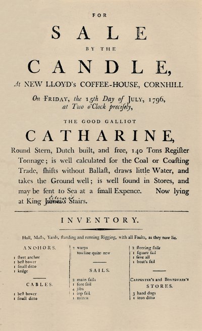 ロイズでのキャンドルによる販売の広告、1796年、1928年 作： Unbekannt