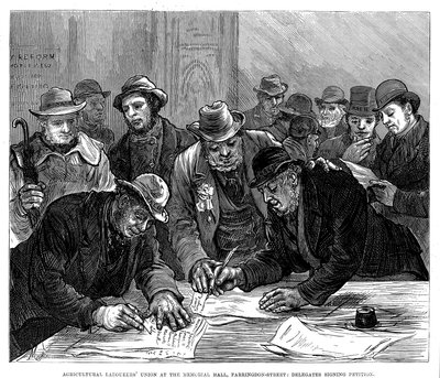 1877年、ロンドンのファリンドンストリートでの農業労働者組合会議 作： Unbekannt